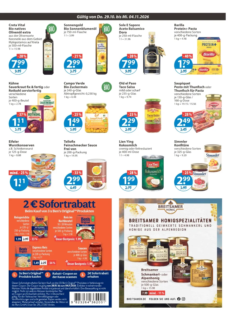V-Markt München Prospekt KW 44, Seite 7 Creta Vital Olivenöl, Barilla Pasta, Ben's Original und Breitsamer Honig