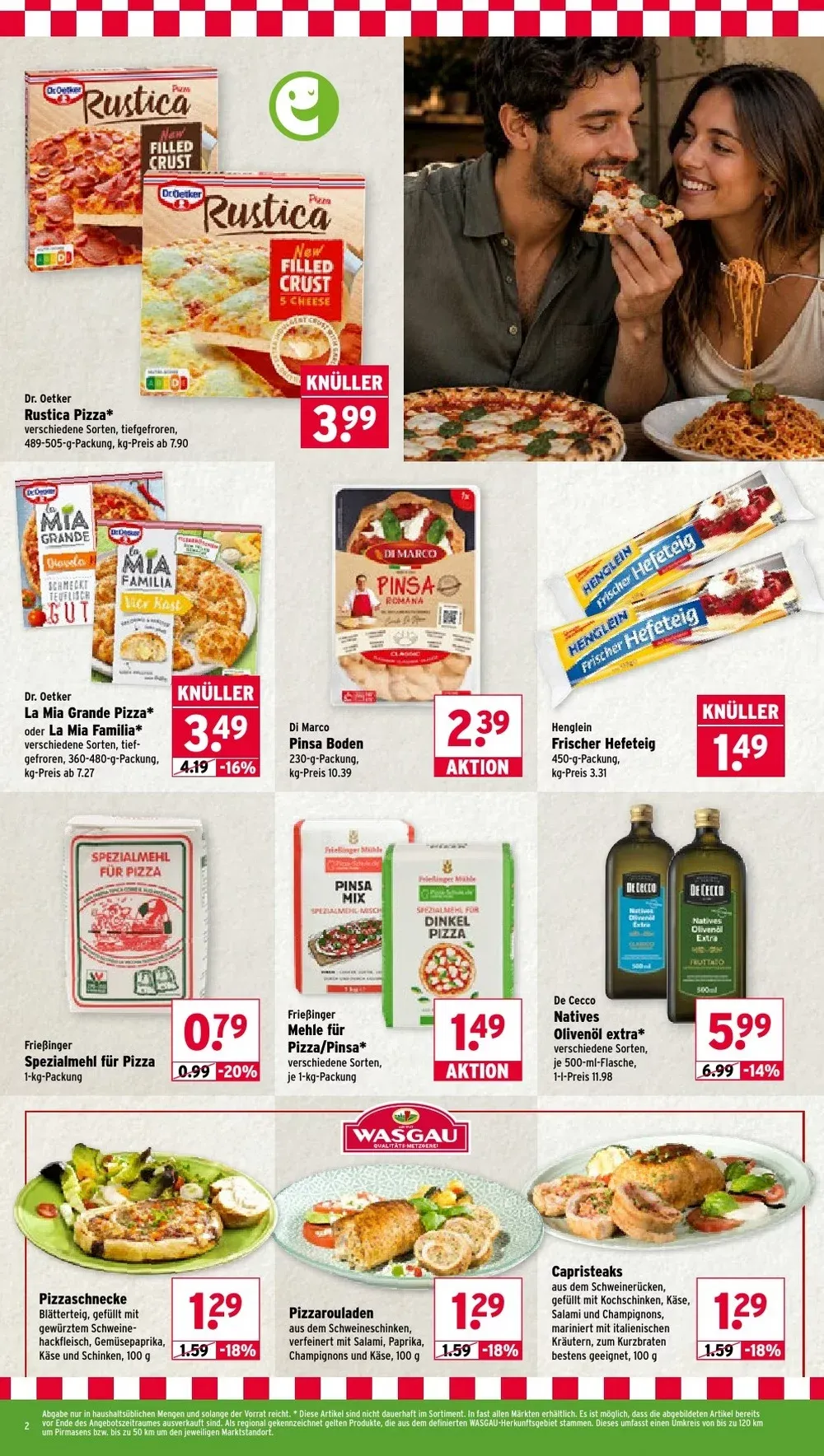 Wasgau Prospekt KW 43 Seite 2 mit Dr. Oetker Rustica Pizza, Pinsa Boden, Henglein Hefeteig & Frießinger Spezialmehl