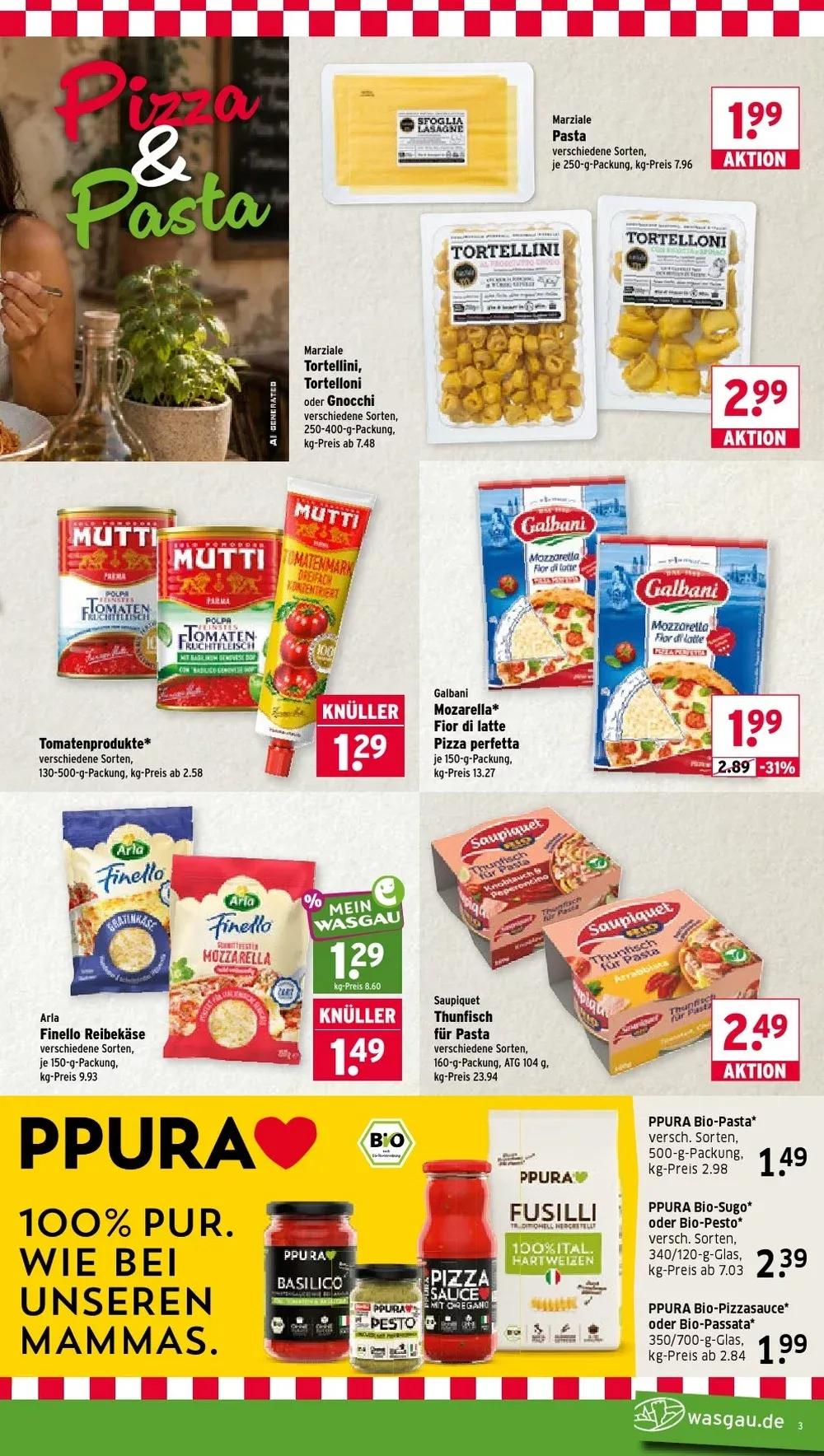 Wasgau Prospekt KW 43 Seite 3 mit Marziale Pasta, Galbani Mozzarella, Arla Finello Reibekäse & Saupiquet Thunfisch