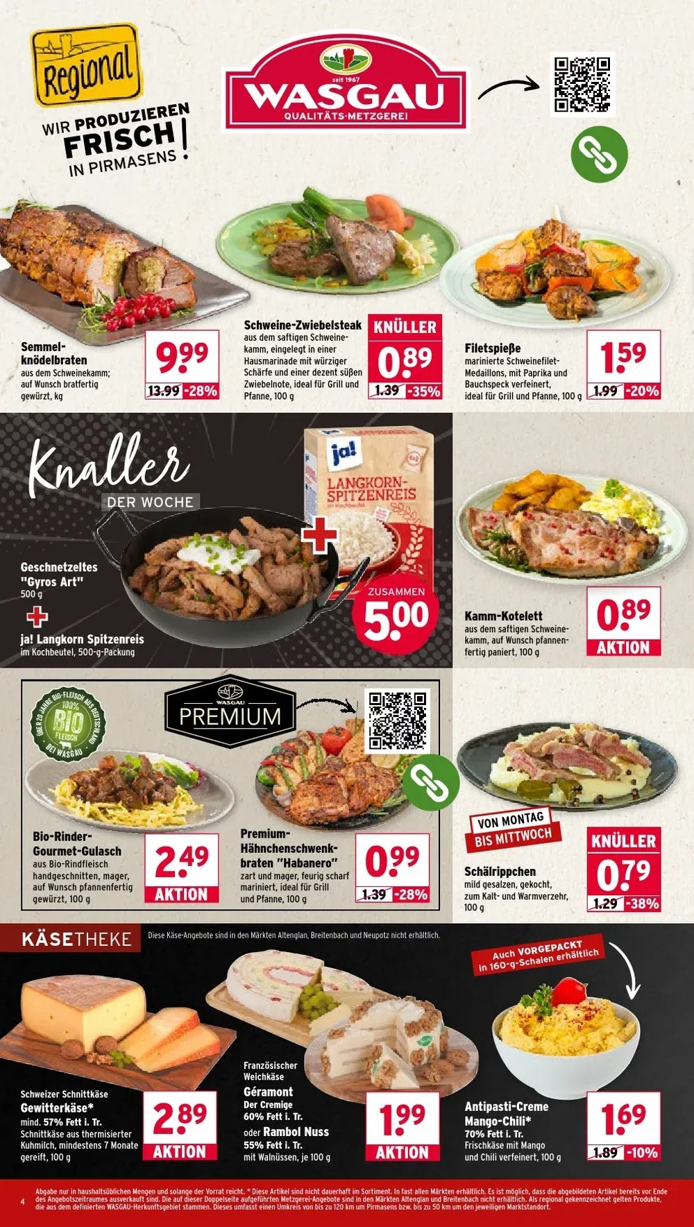 Wasgau Prospekt KW 43 Seite 4 mit Semmel-Knödelbraten, Schweine-Zwiebelsteak, Geschnetzeltem Gyros Art & Kamm-Kotelett