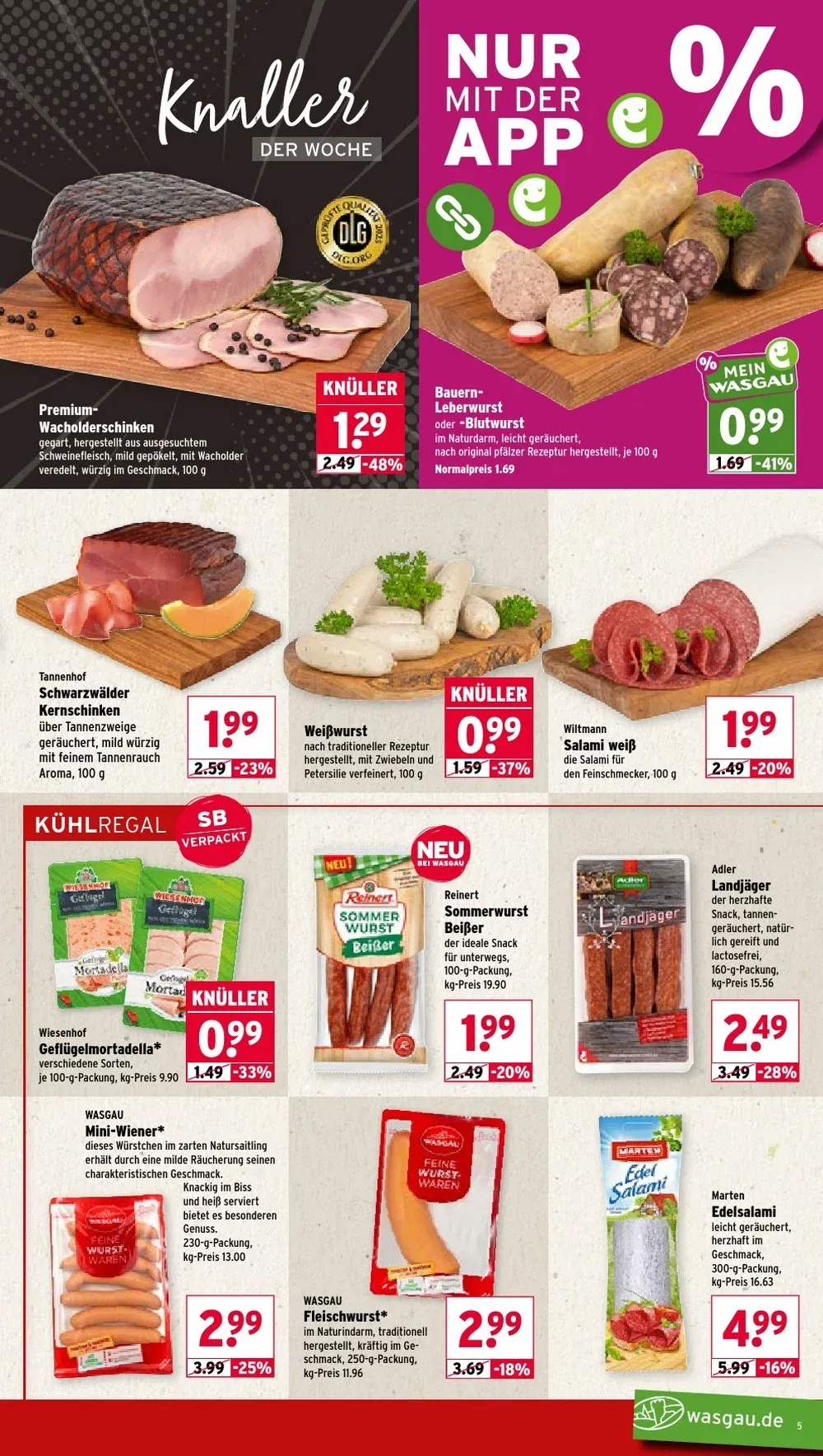 Wasgau Prospekt KW 43 Seite 5 mit Premium-Wacholderschinken, Bauern-Leberwurst, Weißwurst & Reinert Sommerwurst Beißer