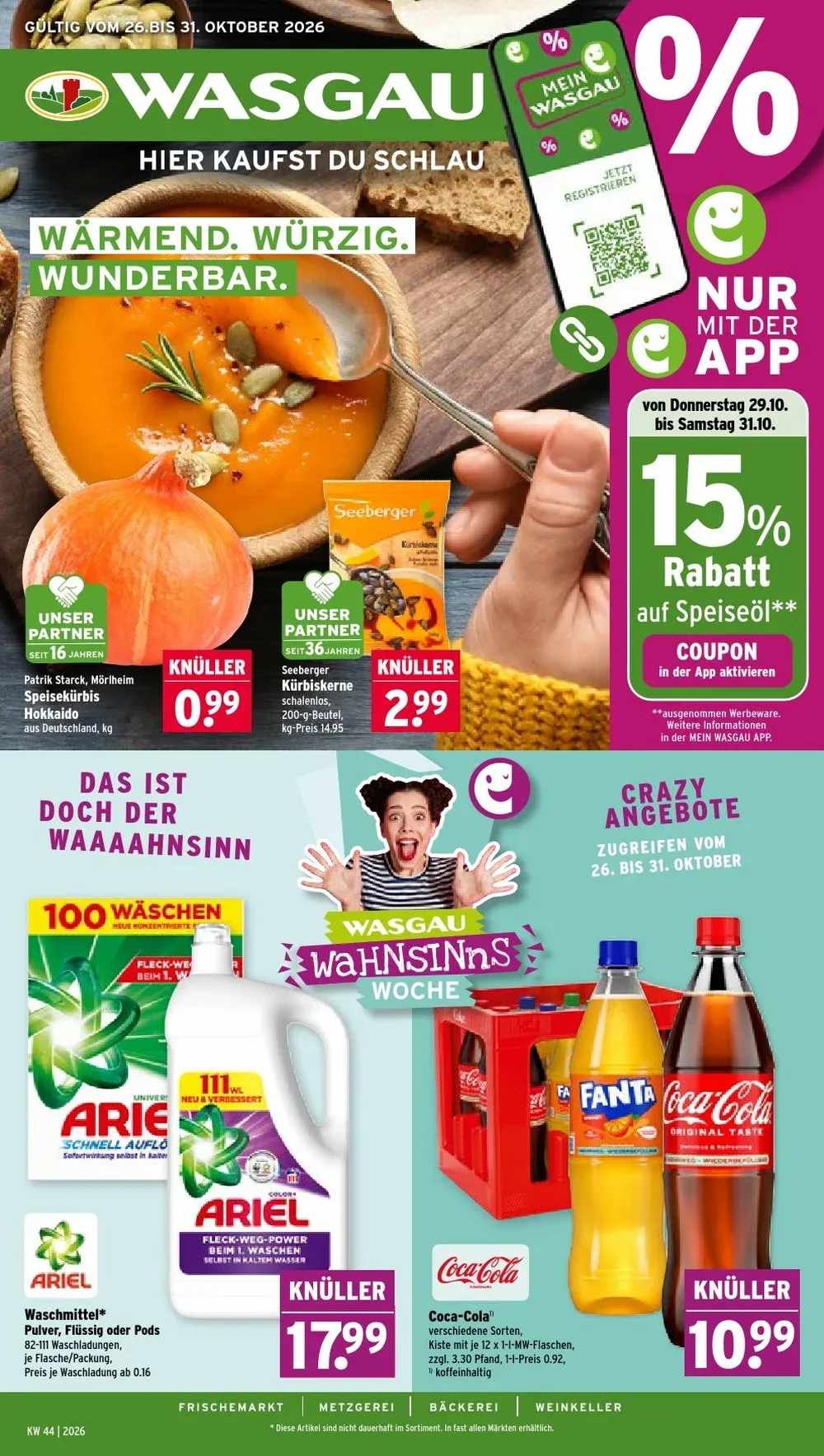 Wasgau Prospekt ab 26.10.2026 Seite 1 mit Speisekürbis Hokkaido, Seeberger Kürbiskerne, Ariel Waschmittel & Coca-Cola