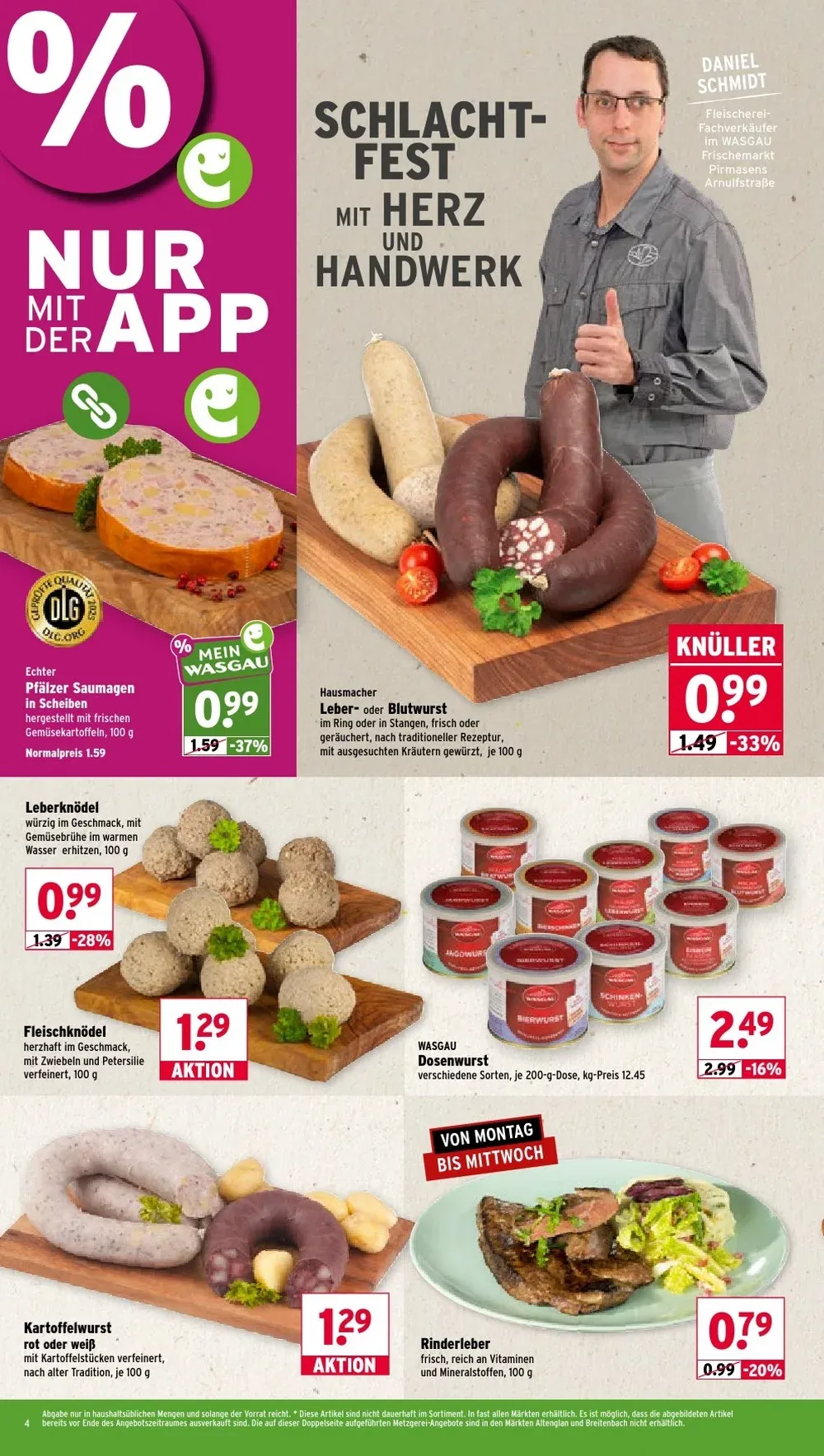 Wasgau Prospekt KW 44 Seite 4 mit Pfälzer Saumagen, Leber- oder Blutwurst, Leberknödel & Wasgau Dosenwurst