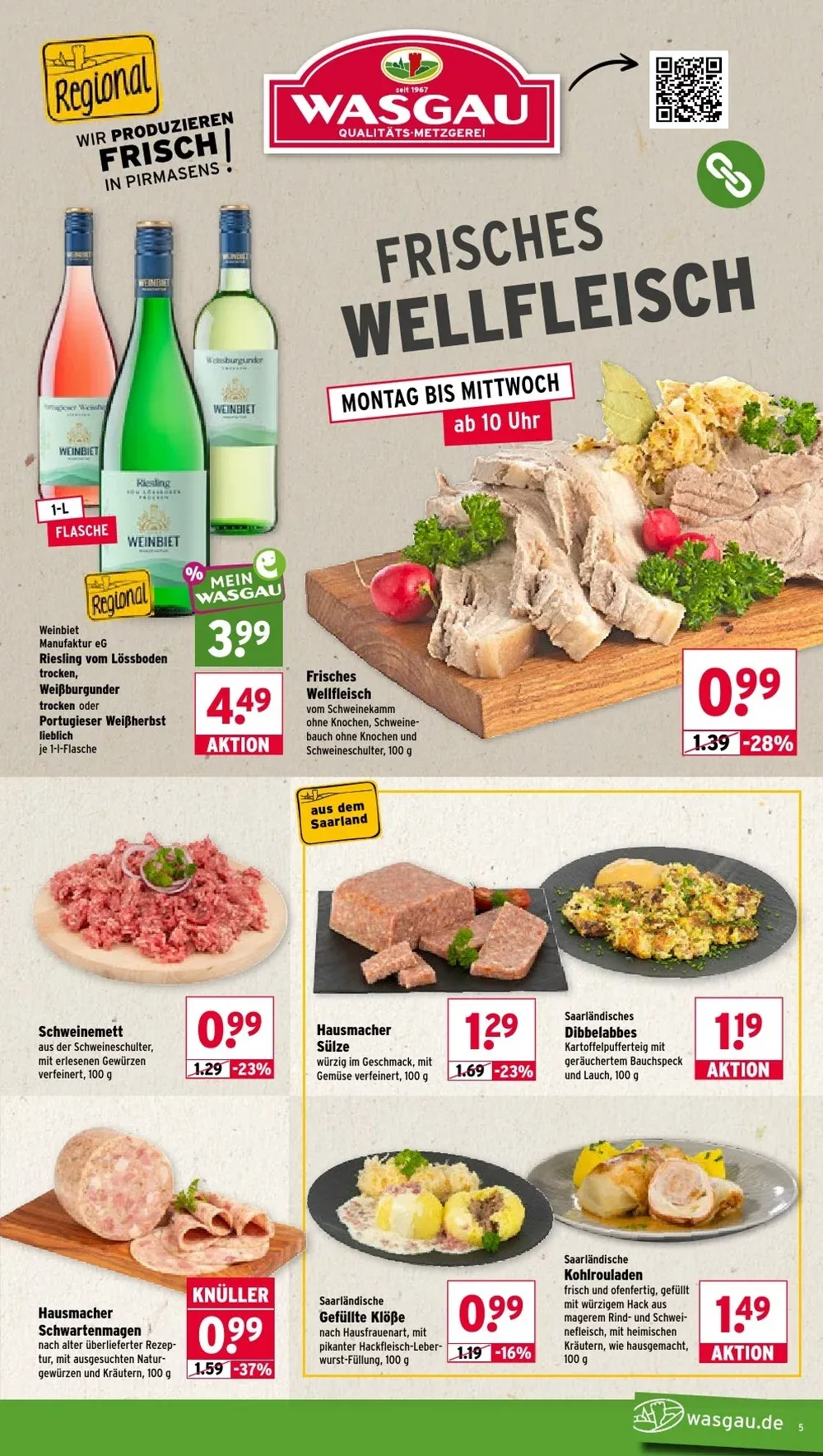Wasgau Prospekt KW 44 Seite 5 mit Weinbiet Riesling, Frisches Wellfleisch, Schweinemett & Saarländische Gefüllte Klöße