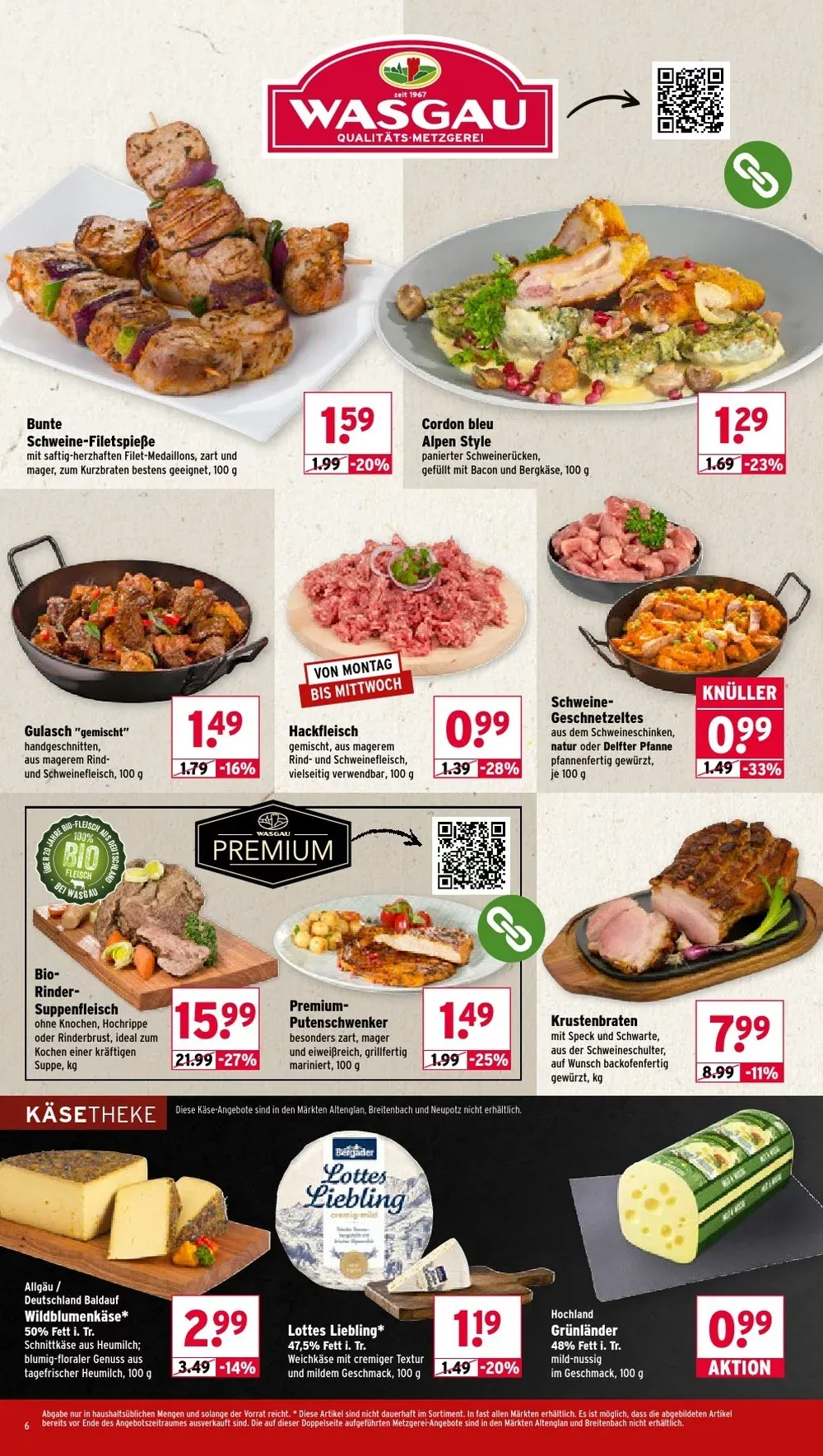 Wasgau Prospekt KW 44 Seite 6 mit Bunte Schweine-Filetspieße, Cordon bleu Alpen Style, Hackfleisch & Krustenbraten