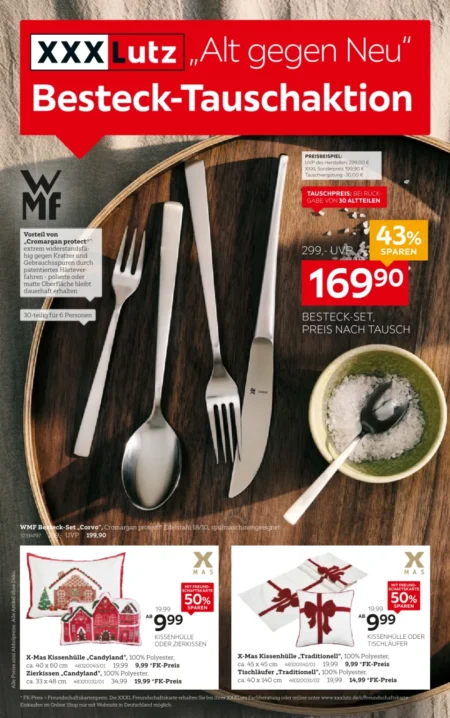 XXXLutz Prospekt ab 10.10.2026 (KW 42–43) XXXLutz Online Prospekt ab 10.10.2026 Seite 1 mit WMF Besteck-Set Corvo, X-Mas Kissenhülle & Tischläufer